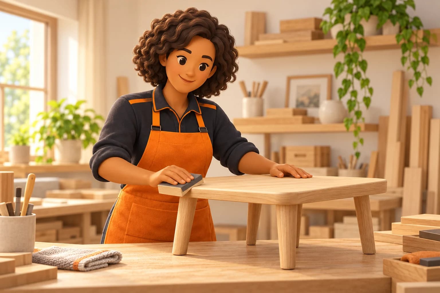 3D-illustratie van een maker die aan een houten tafel werkt