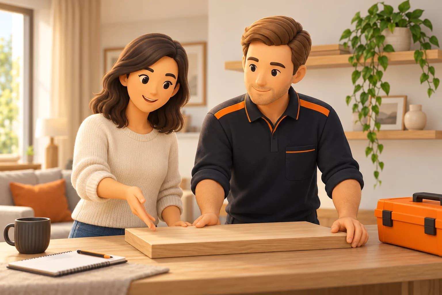 3D-illustratie van een bewoner en een vakpersoon die samen een klus bespreken