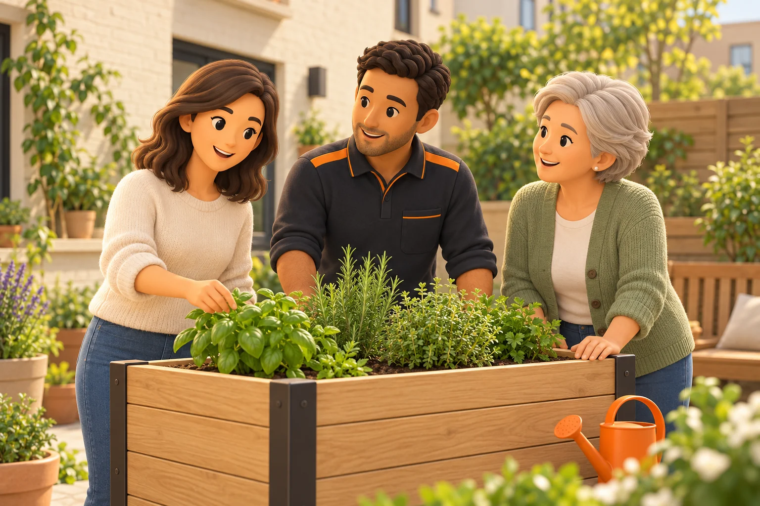 3D-illustratie van drie buurtgenoten rond een houten kruidenbak