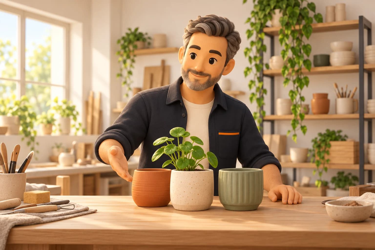 3D-illustratie van een maker met zelfgemaakte plantenpotten