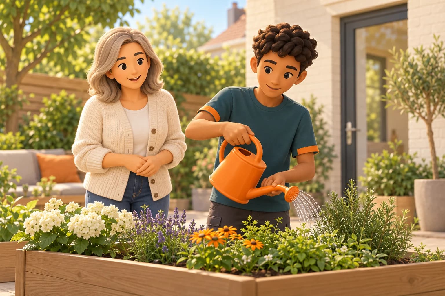 3D-illustratie van een jongere die tuinplanten water geeft, met een volwassene in de buurt