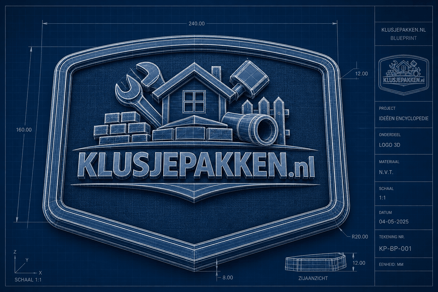 3D blauwdruk van het KlusjePakken logo voor Inspiratie